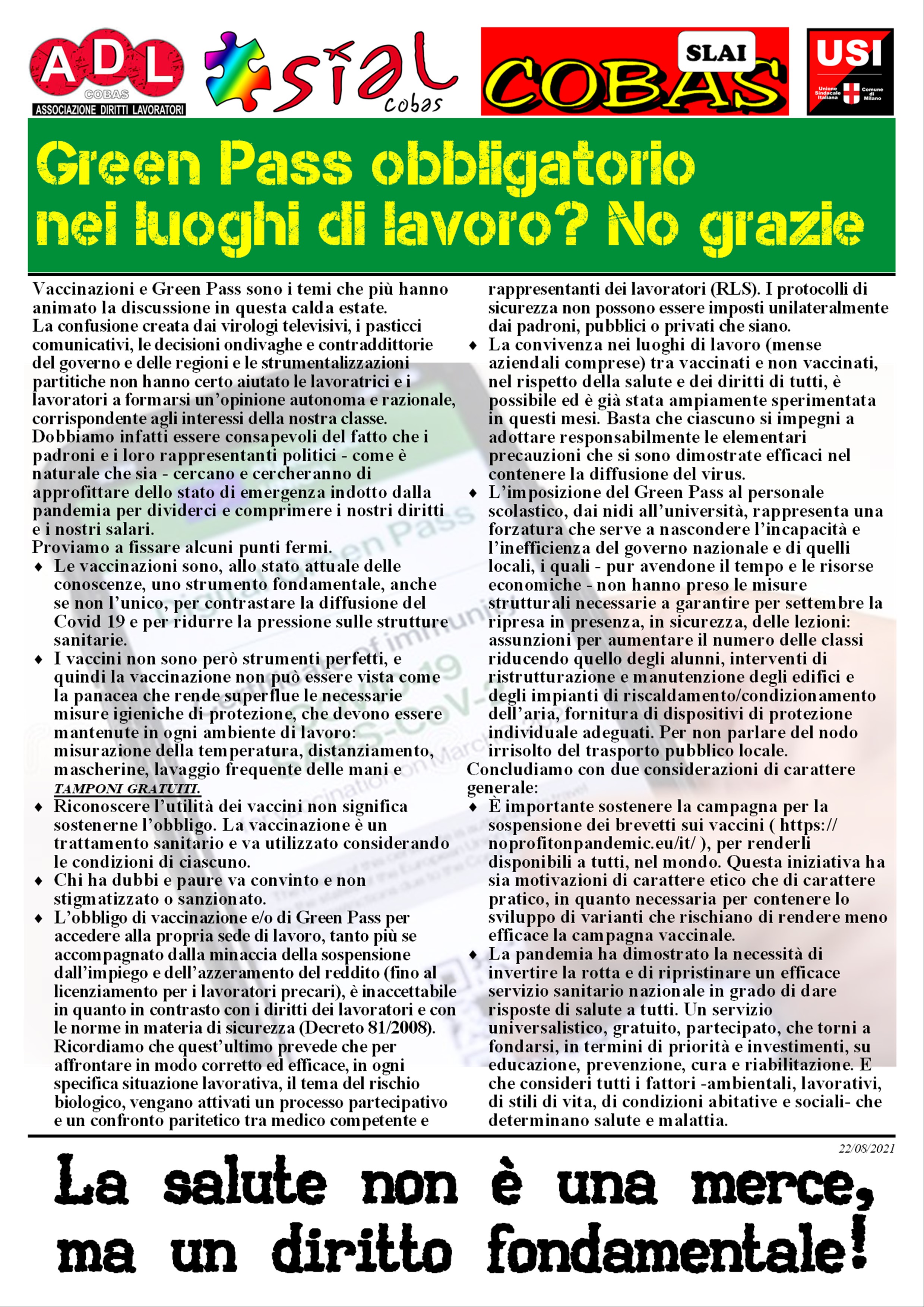 Green Pass obbligatorio nei luoghi di lavoro? No Grazie